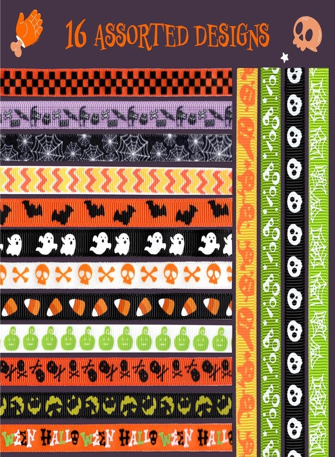 Confettiville Halloween Ribbons, 16 Rolls, 16 Yards, 3/8" (10mm) Thin Grosgrain Ribbons for DIY Crafts and Decorations, Spooky Whimsy Designs - Image 4